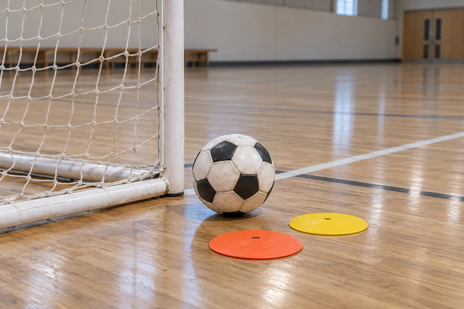 Illustration: A futsal ball and marker discs beside an indoor goal.