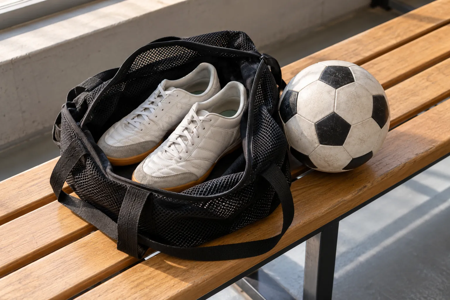 Illustration: Indoor soccer shoes in a mesh tote beside a futsal ball.