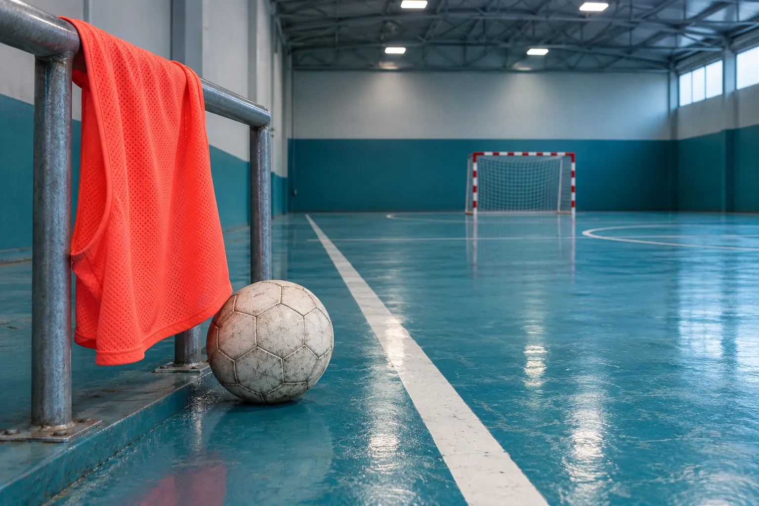 Illustration: A coral bib and football at the edge of an empty futsal court.