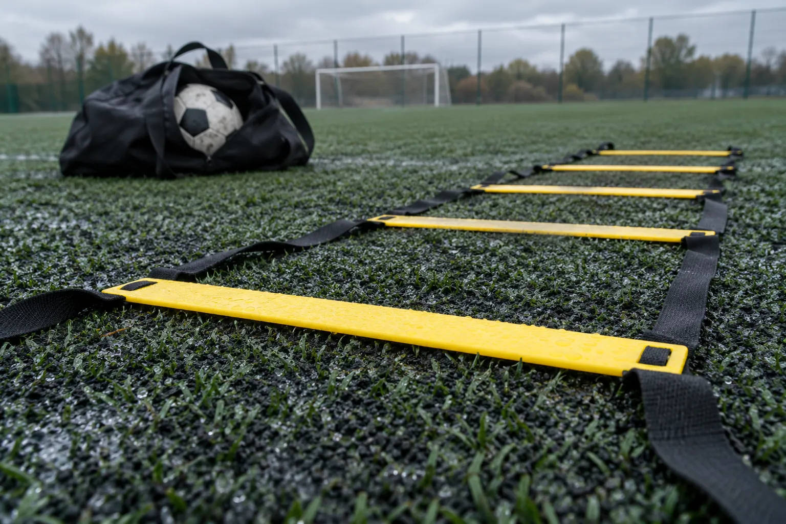 Illustration: A partly unrolled agility ladder on wet artificial turf.