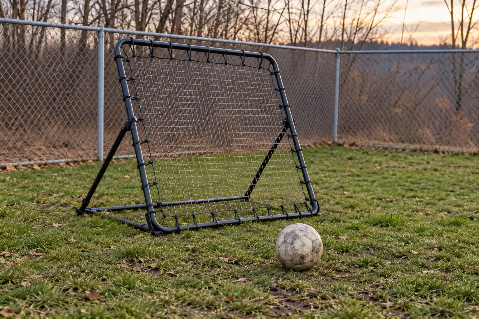 Illustration: A football rebound frame beside a practice-field fence.