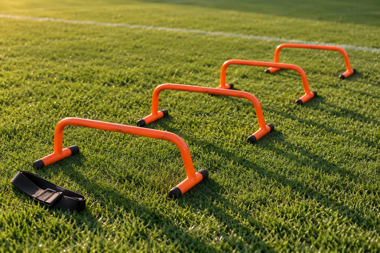 Illustration: Low orange training hurdles across a green practice area.