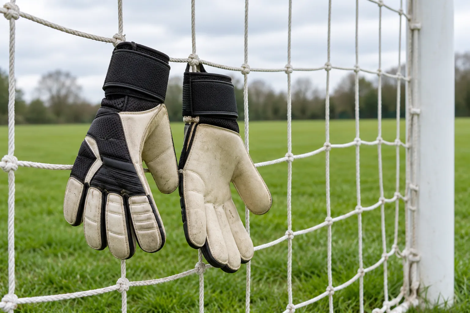 Illustration: Goalkeeper gloves hanging from an empty goal net.