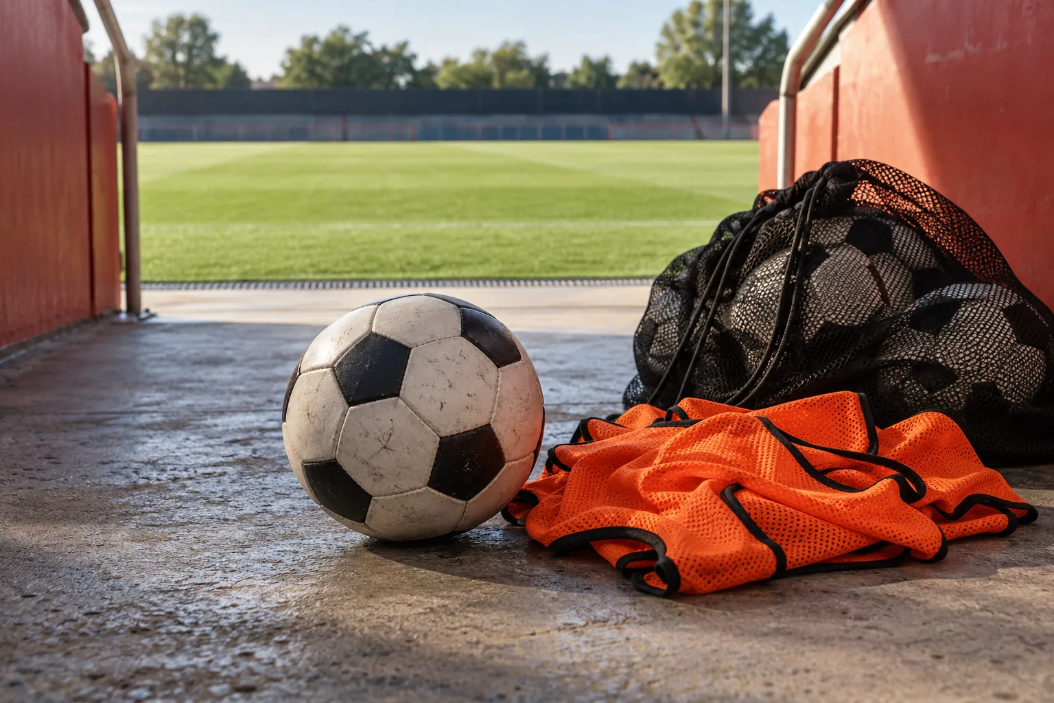 Illustration: A plain black-and-white football, orange training bibs and a mesh ball bag rest on concrete beside a red tunnel leading to an empty grass pitch, shot low.