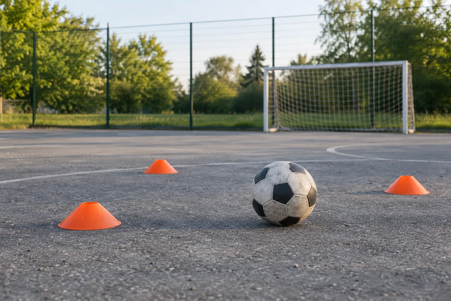 Illustration: A few orange passing-practice cones and an ordinary unbranded football sit on a gray outdoor hardcourt with a small goal soft in the background, shown wide.