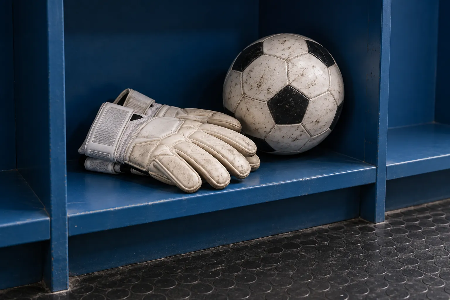 Illustration: Plain goalkeeper gloves and an unbranded football rest in a blue changing-room cubby above dark rubber flooring, photographed close from the side.