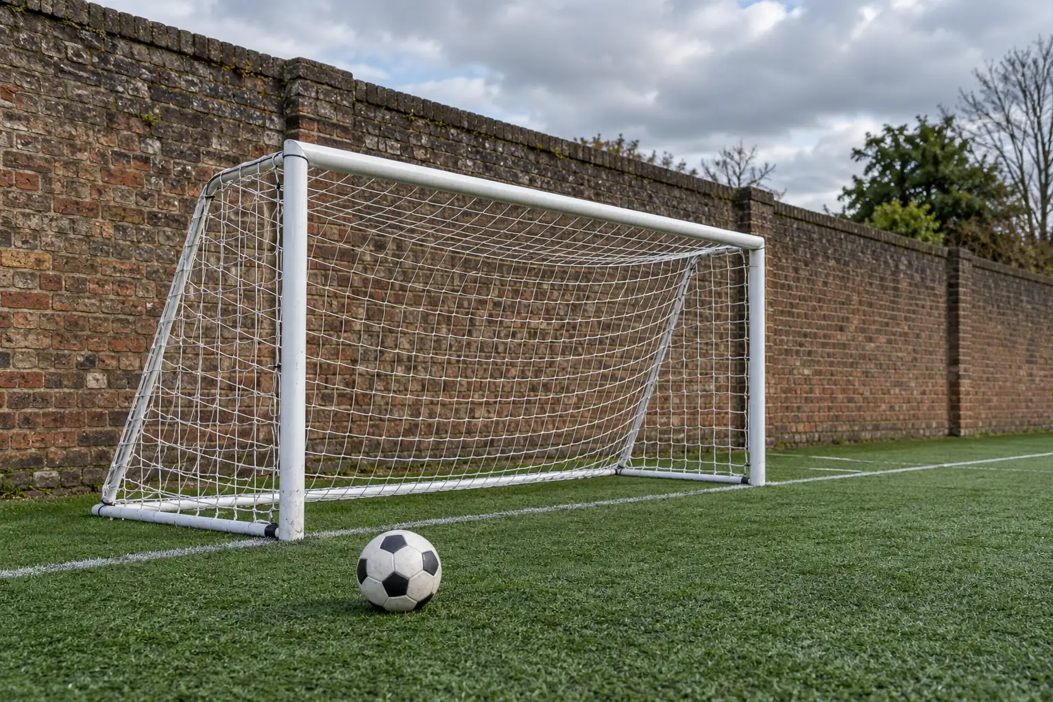 Illustration: A small portable football goal with credible taut netting stands on green artificial turf beside a tall brick wall, with one ball in front, shown wide under cloud.
