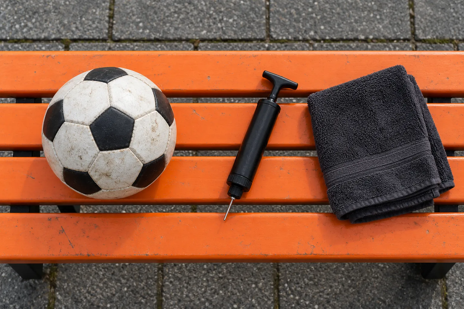 Illustration: A plain football, manual ball pump and folded dark towel sit on an orange courtside bench, seen overhead with gray paving around it.