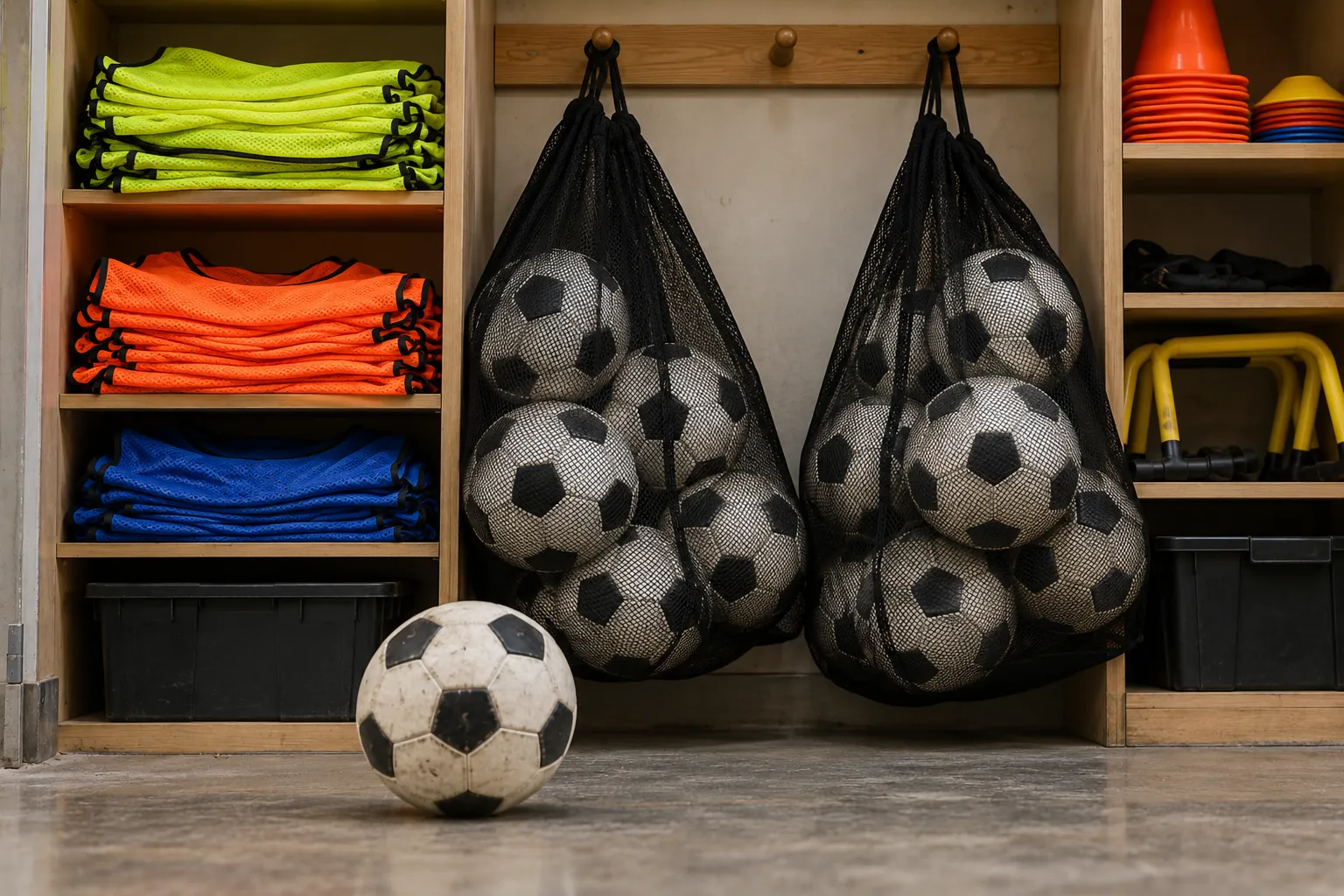 Illustration: Mesh ball bags, folded bibs and a soccer ball in a cupboard.
