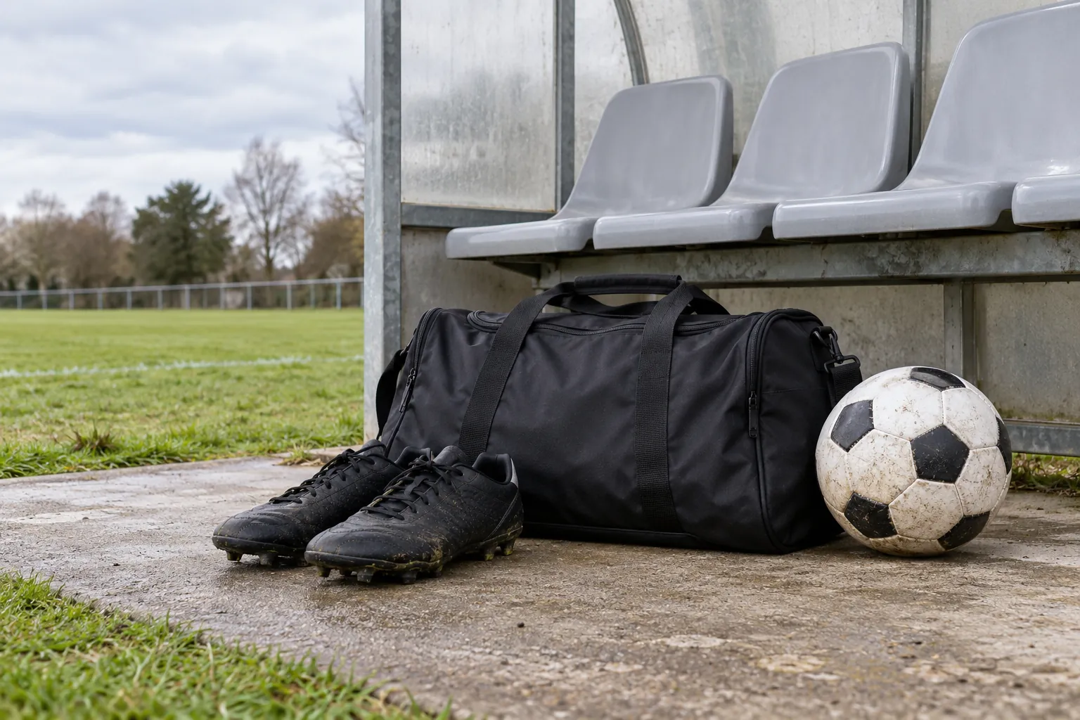 Illustration: A soccer duffel, boots and ball beneath an empty shelter seat.