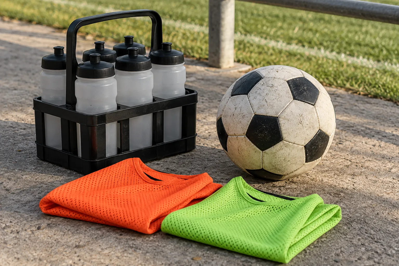 Illustration: A bottle carrier, soccer ball and folded training bibs.