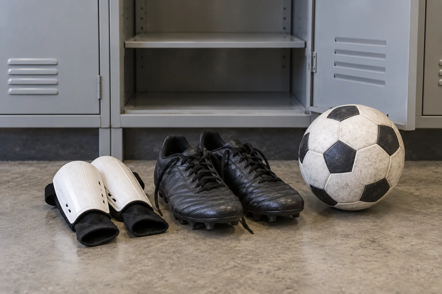 Illustration: Soccer boots, shin guards and a ball below an open locker.