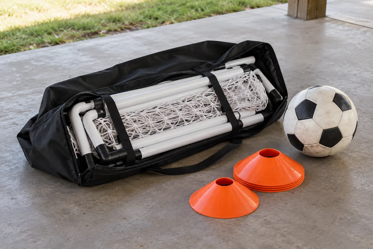 Illustration: A portable soccer goal in its carry bag beside a ball and cones.