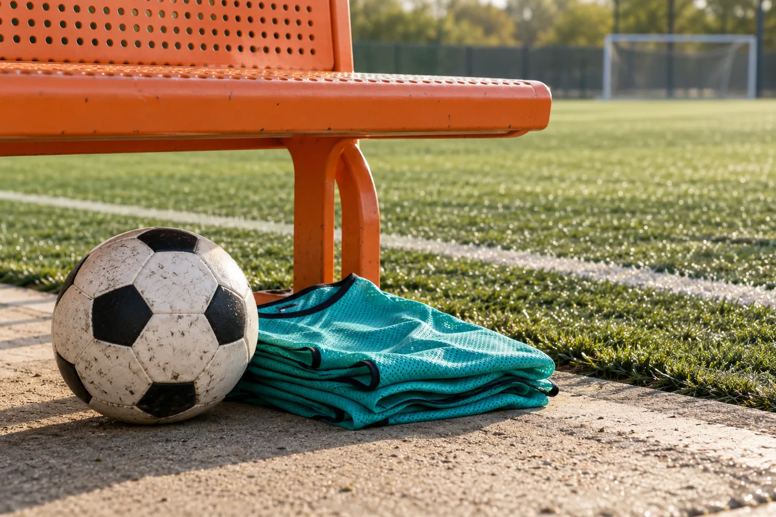 Illustration: A plain black-and-white football and folded teal training bibs sit below an orange perforated court-side bench.