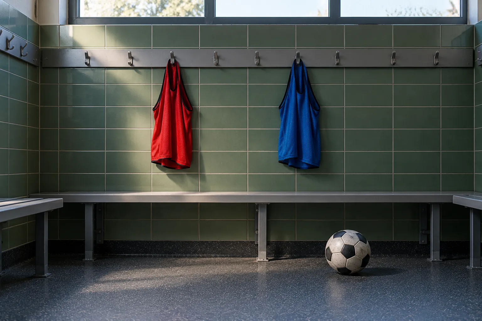 Illustration: Plain red and blue training bibs hang separately on metal hooks above a gray bench, with a football on the rubber floor.