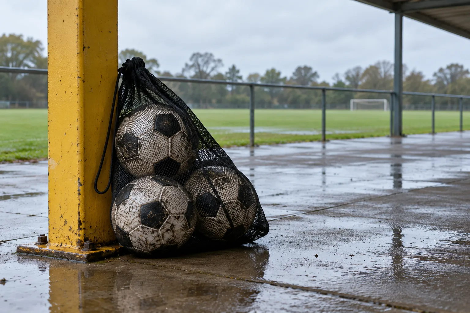 Illustration: A plain mesh bag holding three footballs rests against a yellow steel post at the covered entrance to a modest sports ground.