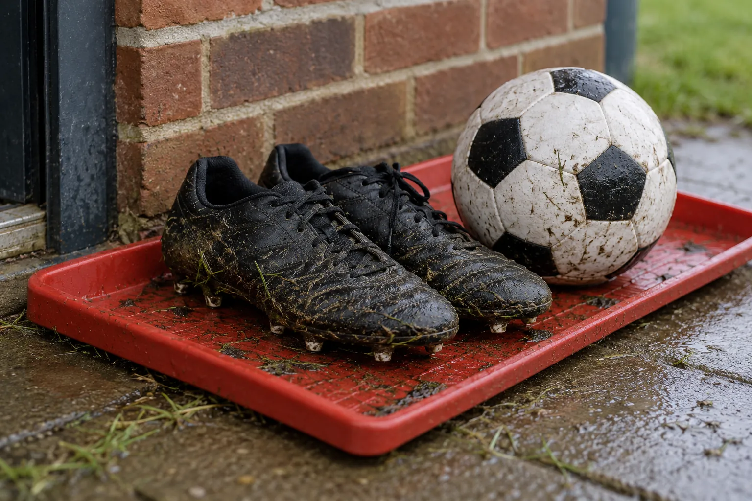 Illustration: A pair of plain mud-marked football boots and a single black-and-white ball sit on a red plastic boot tray outside a brick pavilion.