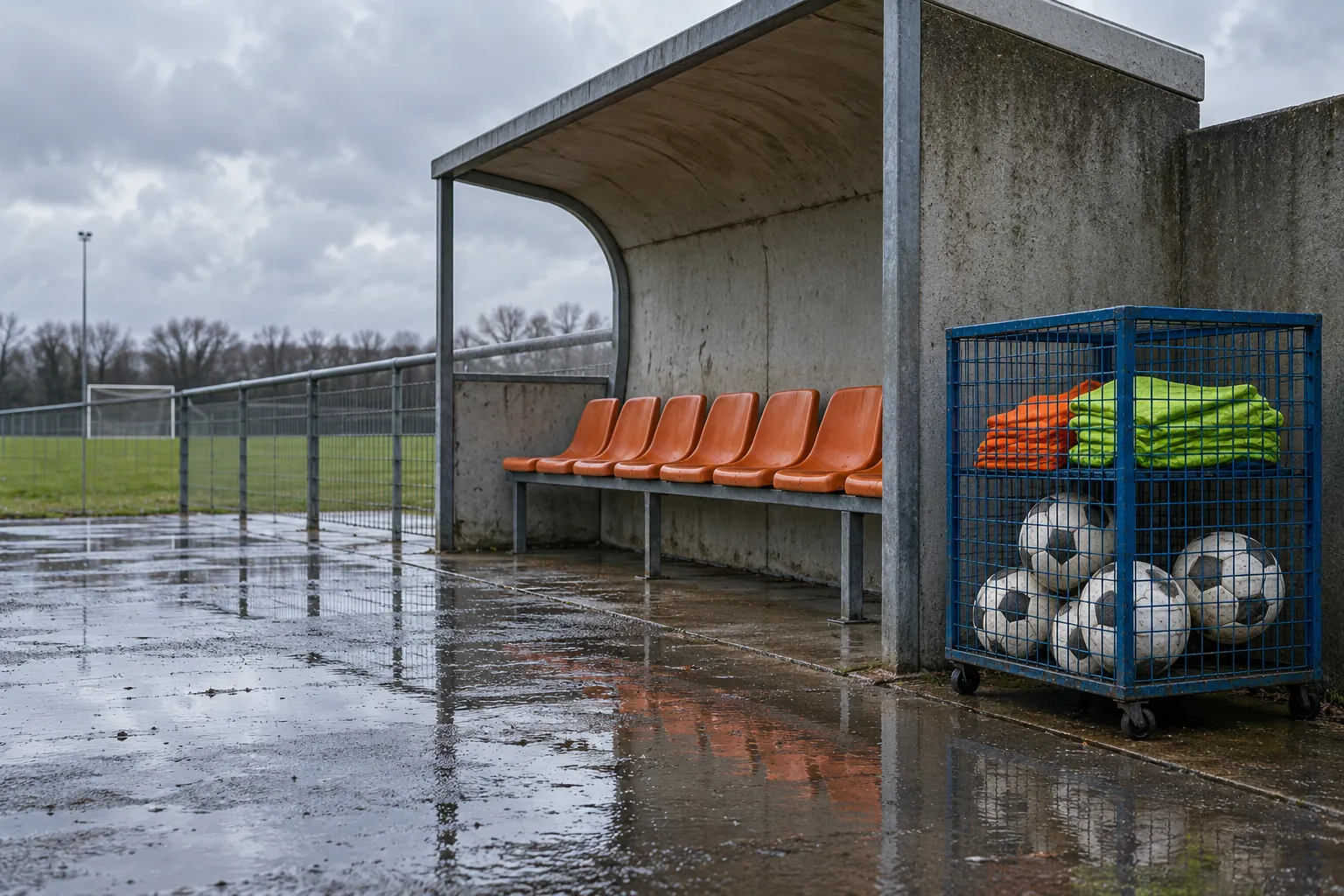Illustration: A blue wire equipment cage contains plain footballs and folded unmarked bibs beside an empty concrete dugout.