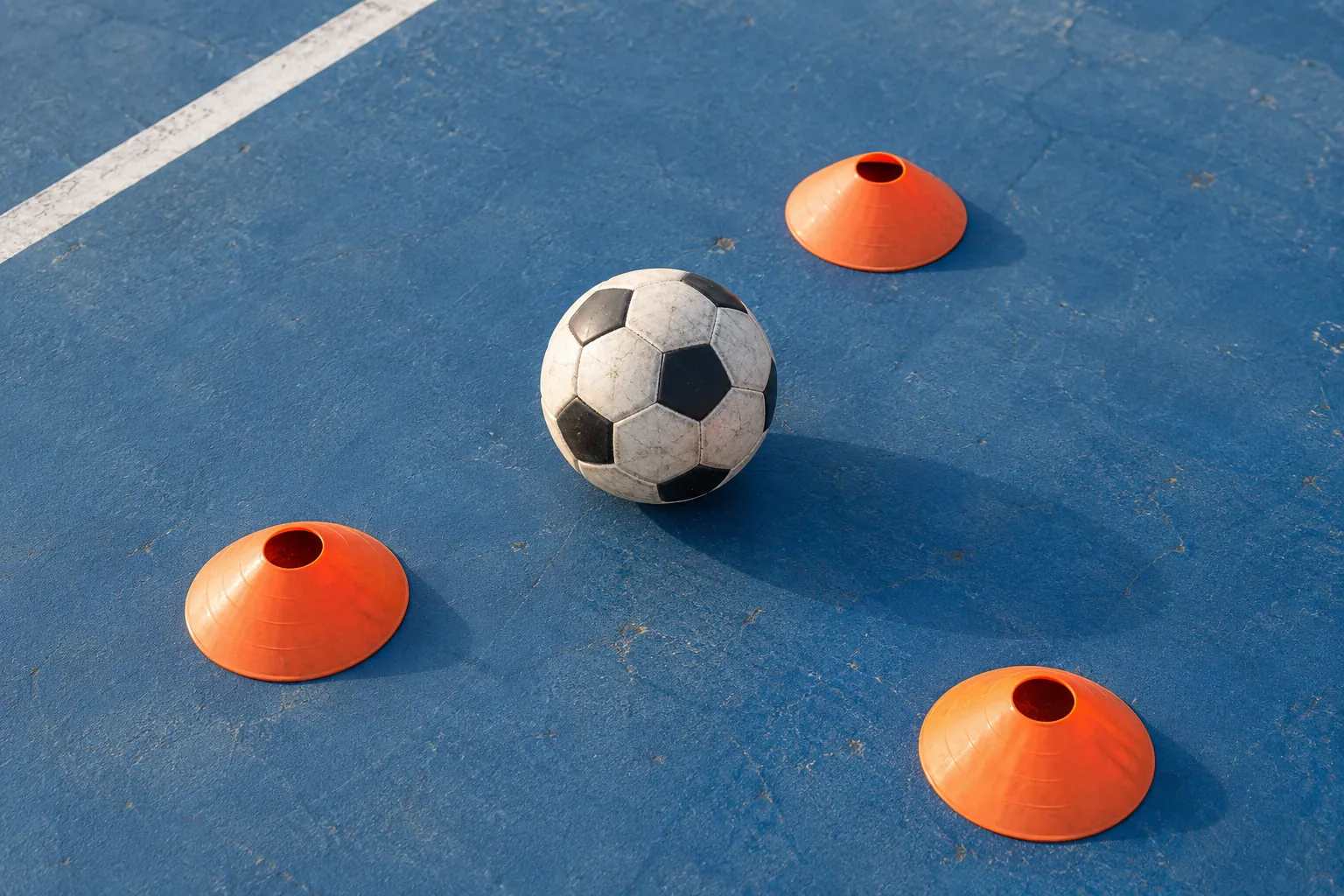Illustration: A plain football sits between three widely spaced low orange marker cones on a blue hard-court surface.