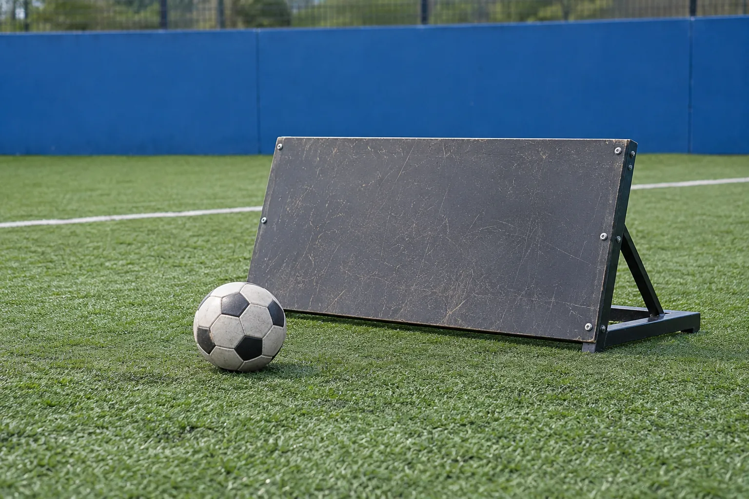 Illustration: A plain low sturdy football rebound board stands on an empty artificial-turf pitch, with one football positioned in front.