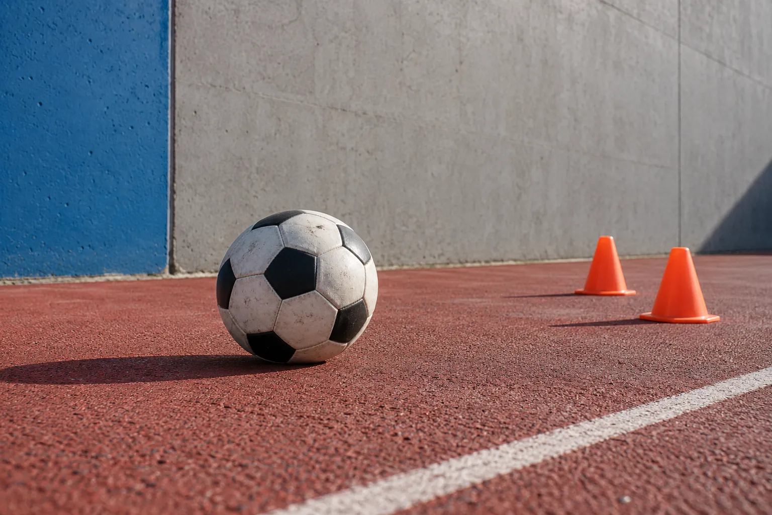 Illustration: A plain football rests on red sports paving beside a flat gray practice wall and a small pair of orange cones.