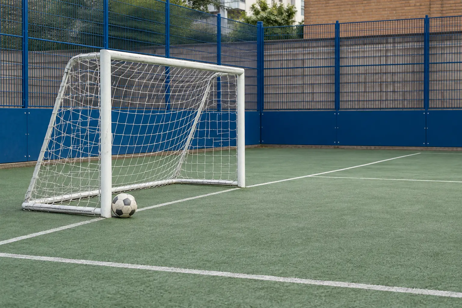 Illustration: A modest portable small-sided football goal stands empty on a green court, with a plain football resting beside its front post.