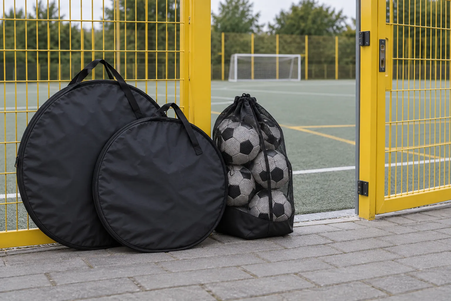 Illustration: Two collapsed portable football goals in plain circular carry sleeves lean beside a mesh ball bag at an open sports-court gate.