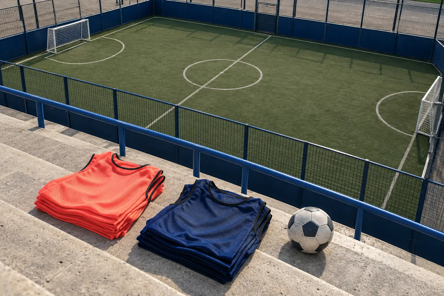 Illustration: Stacks of plain coral and navy training bibs lie on broad concrete steps overlooking an empty enclosed small-sided football court.