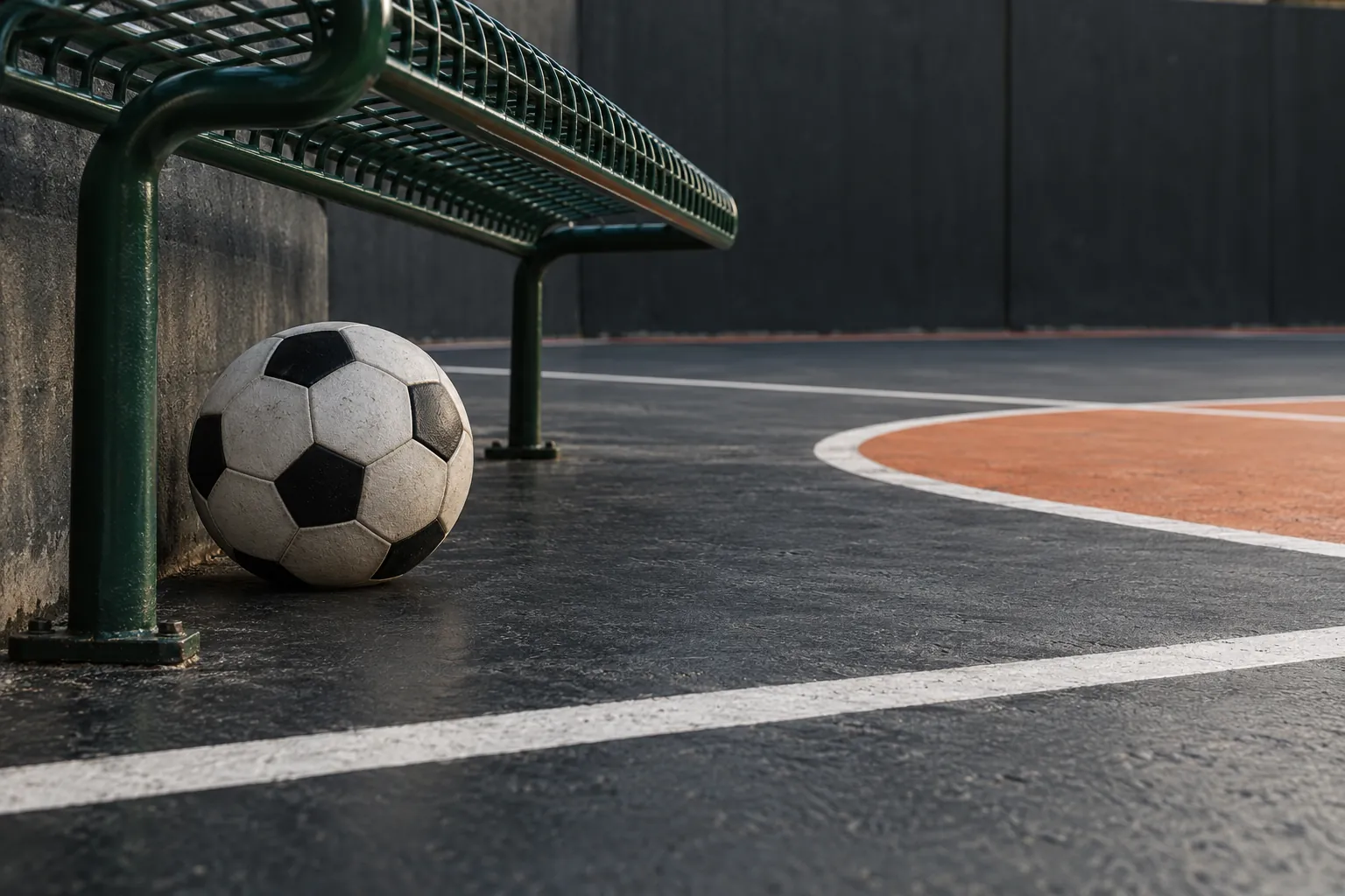 Illustration: One plain black-and-white football rests below a green wire bench beside a dark futsal-style hard court.