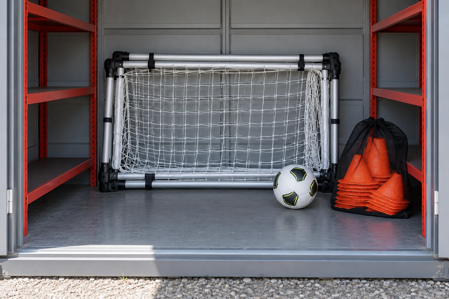 Illustration: A plain folded portable small-sided goal, a football and a mesh cone sack sit in an open gray sports storage bay.