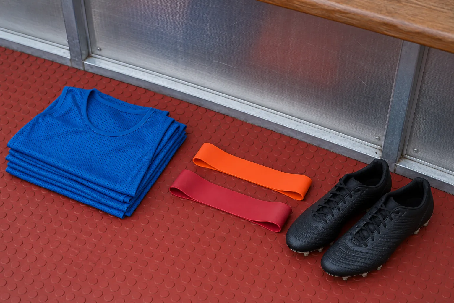 Plain folded blue bibs, two resistance loops and a pair of unbranded football boots rest on a red rubber mat.