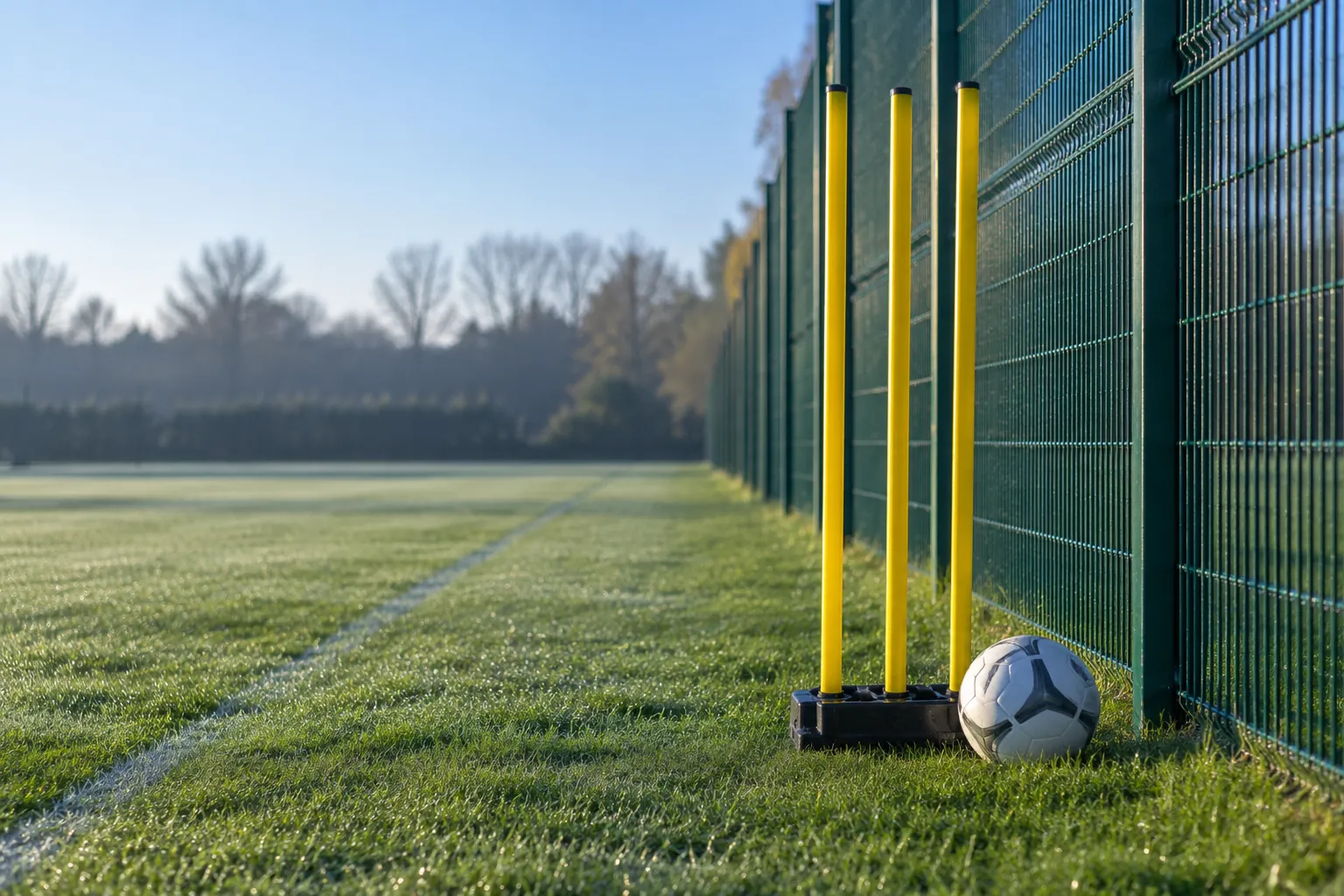 Illustration: Three plain yellow slalom poles stand in a narrow equipment holder beside a green fence, with a football at its base.