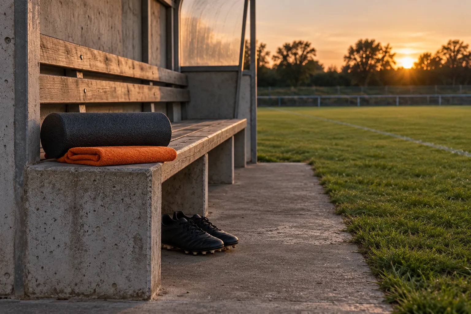Illustration: A plain charcoal foam roller and folded orange towel sit on the concrete end of an empty dugout bench, with football boots below.
