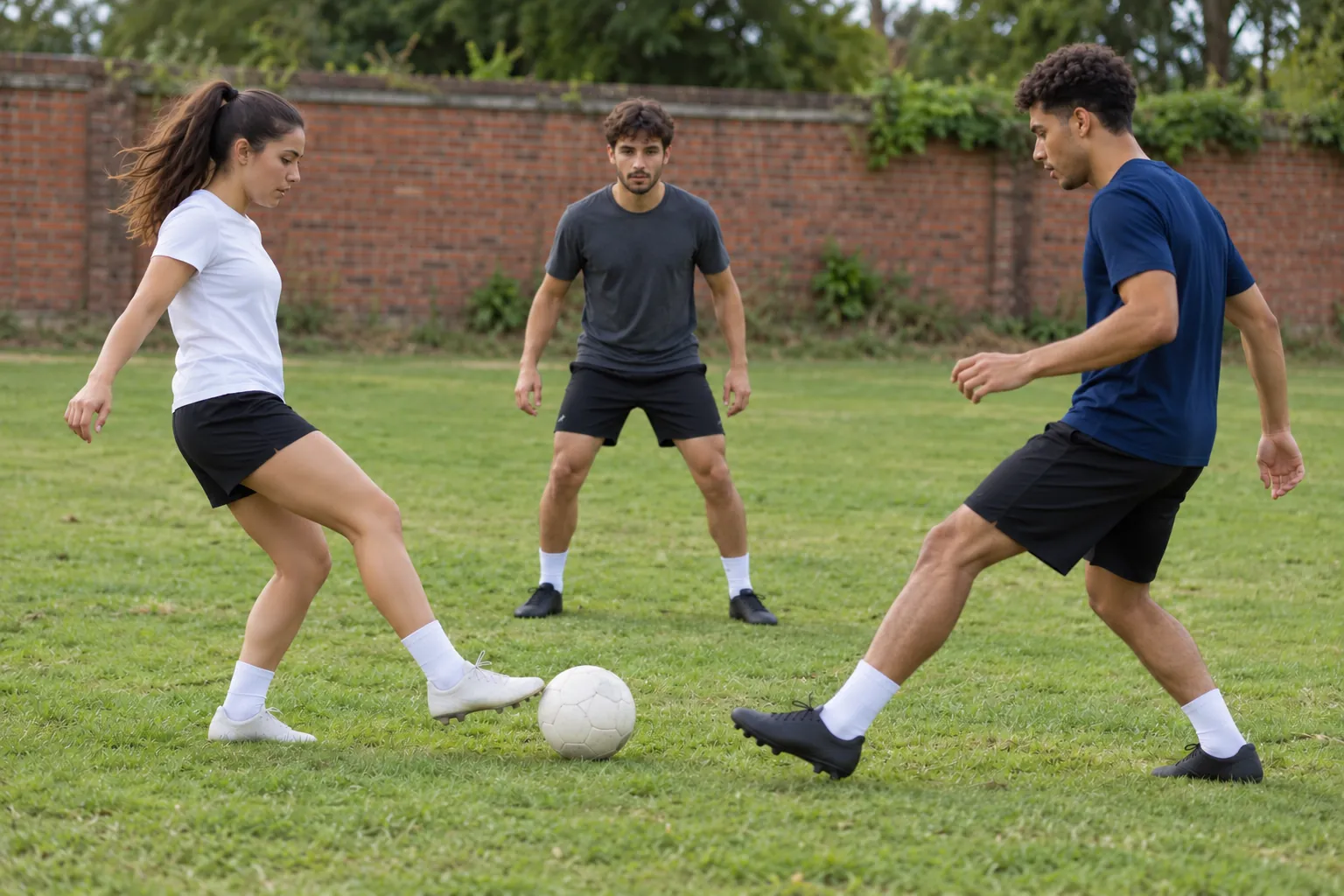 Illustration: Three young adults practice short ground football passes on a modest grass pitch.