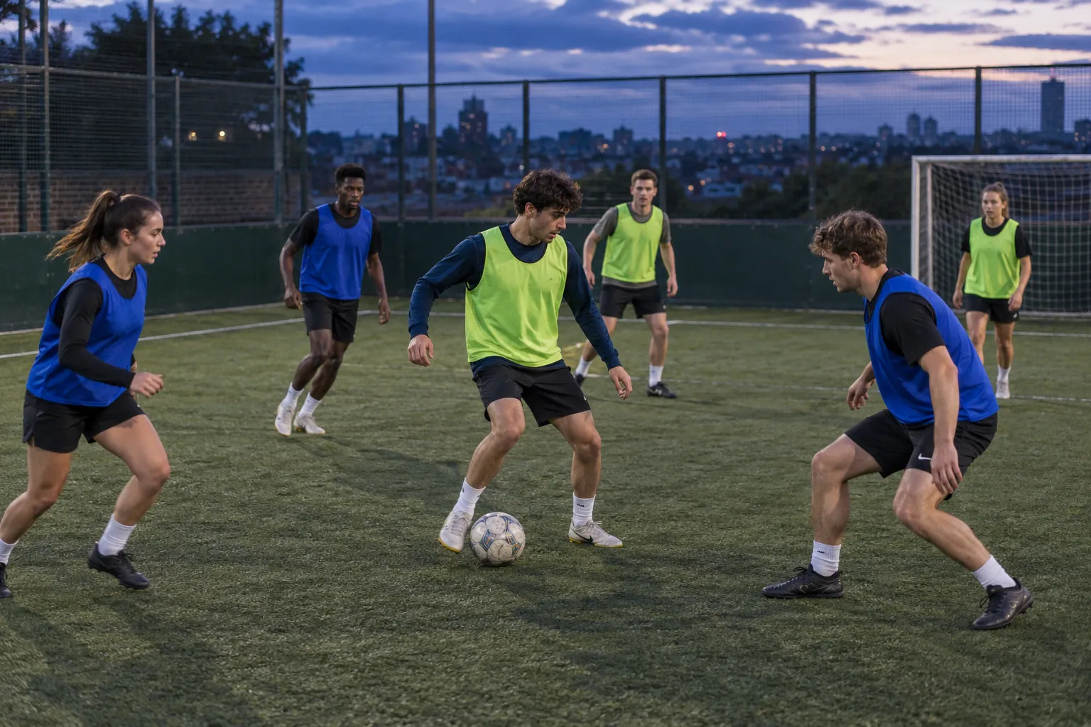Illustration: Young adults play a casual small-sided football game at dusk.