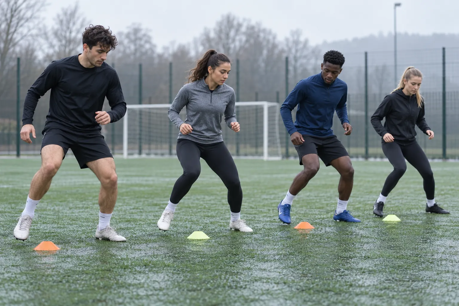 Illustration: Young adults warm up with side steps beside cones on a football pitch.