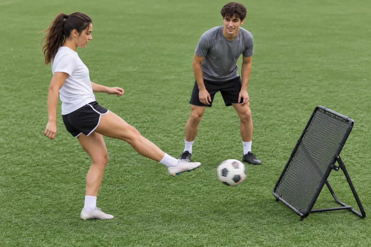 Illustration: Young adults practice football passing on an artificial turf field.