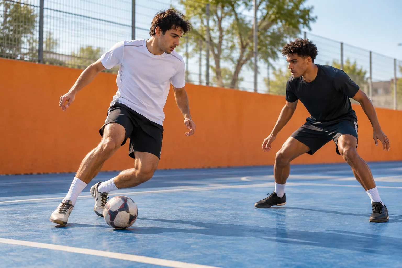 Illustration: Young adults play a small-sided football game on a hard court.