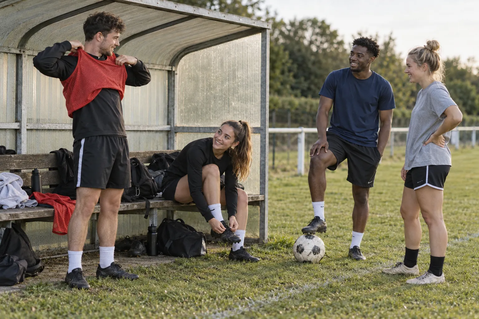 Illustration: Young adults getting ready for a casual football match beside the pitch.