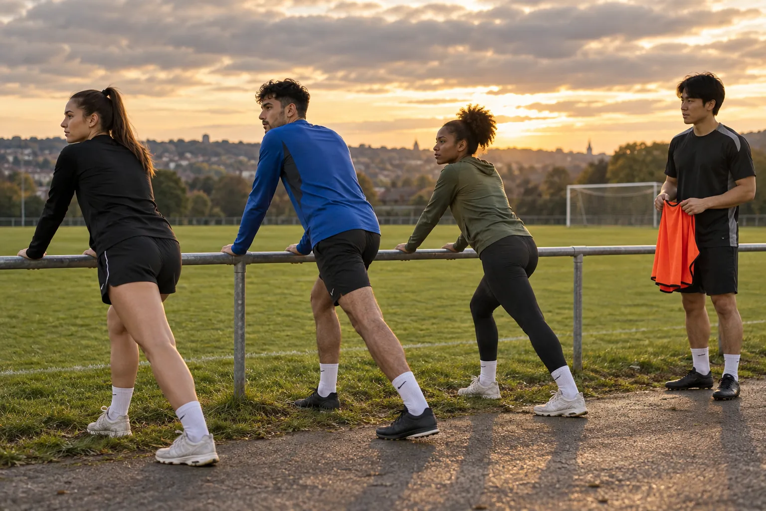 Illustration: Young football players stretch before a social game.