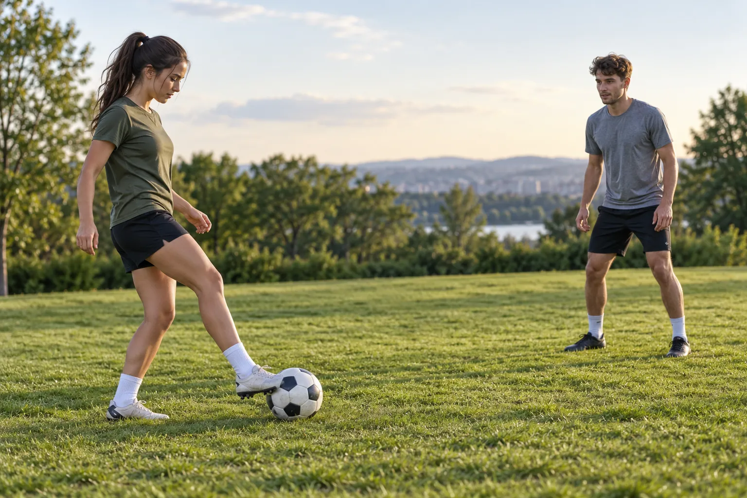 Illustration: Two young adults practice a controlled first touch.