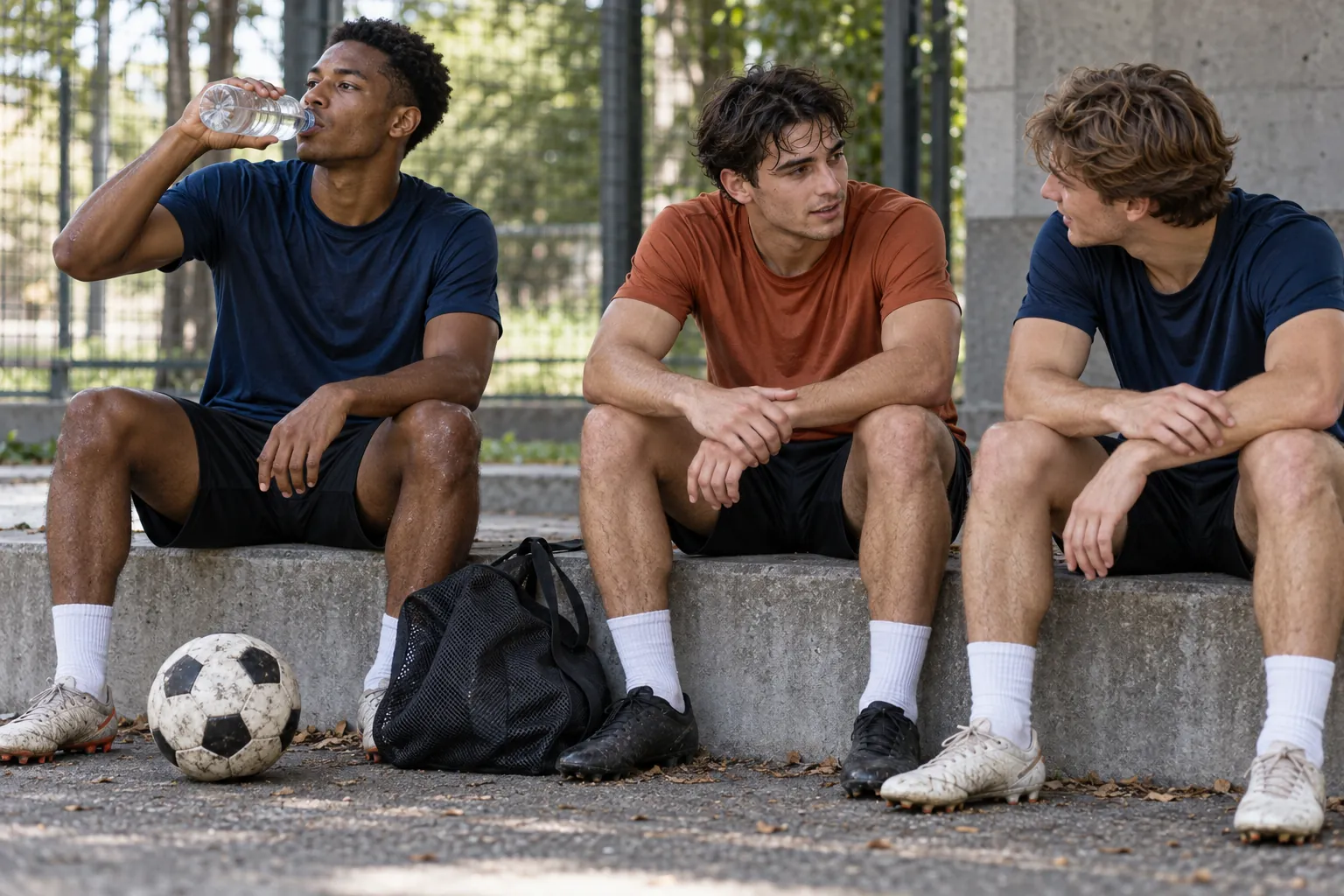 Illustration: Young football teammates taking a sideline water break.