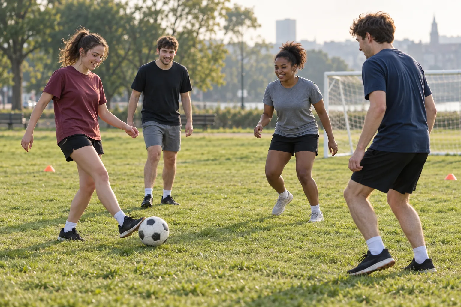 Illustration: Young adults enjoy a gentle walking-football session in a park.