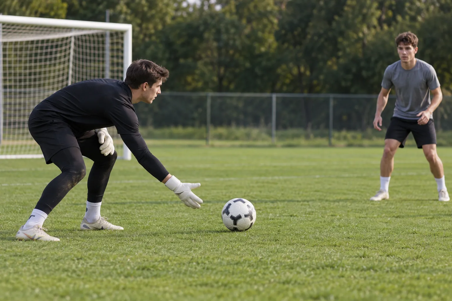 Illustration: A young adult goalkeeper rolling the ball out to a teammate.