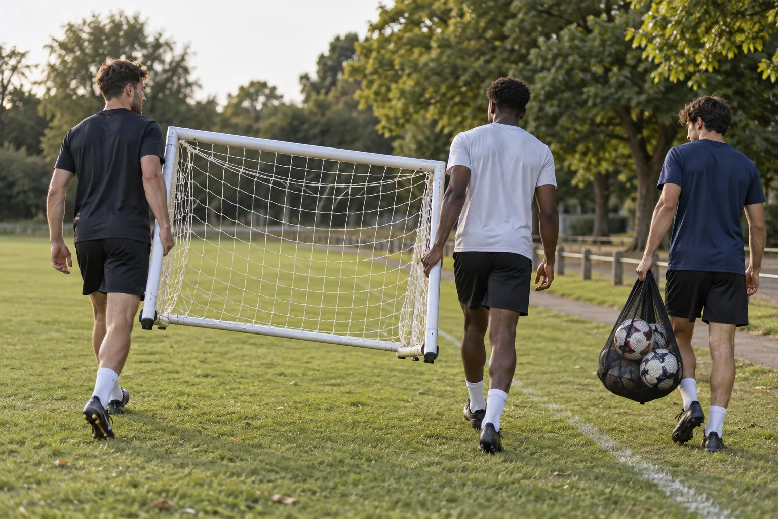Illustration: Young players carrying a portable goal after a social football game.