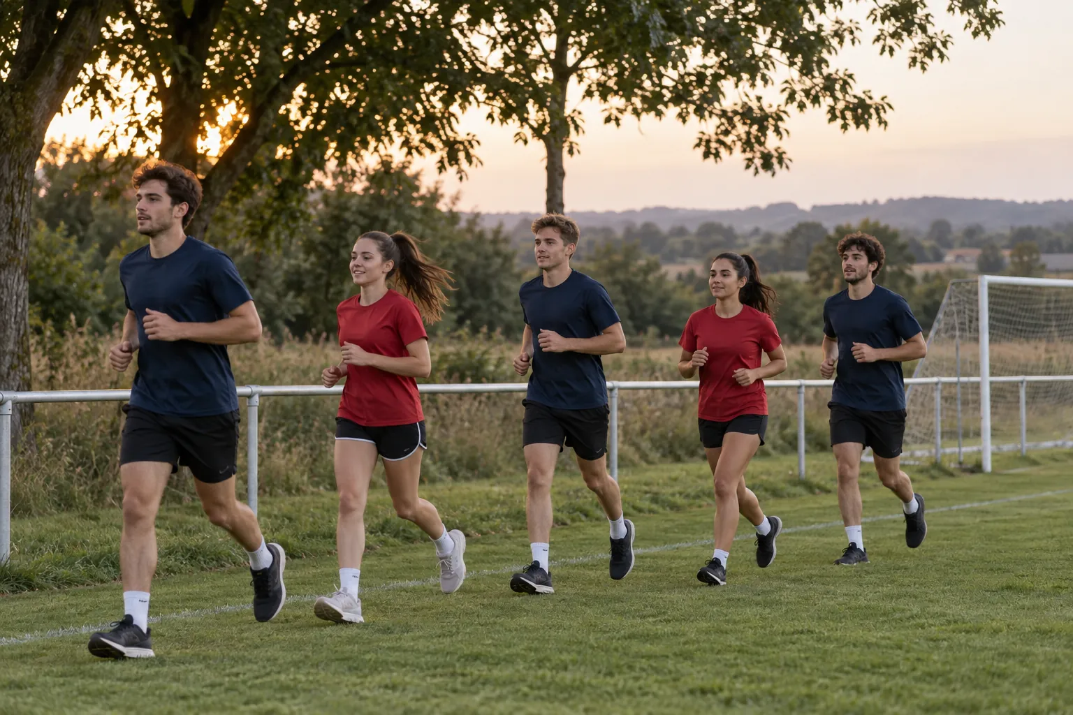 Illustration: Young football players jog an easy warm-up lap.
