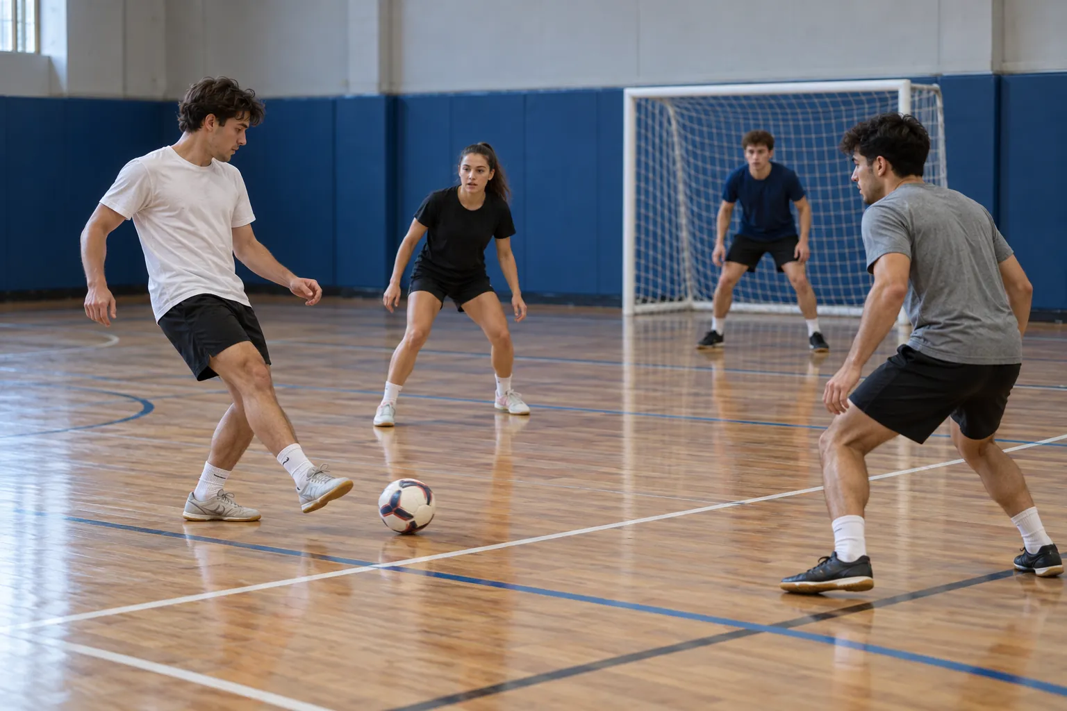 Illustration: Young adults play a relaxed futsal game in an indoor hall.