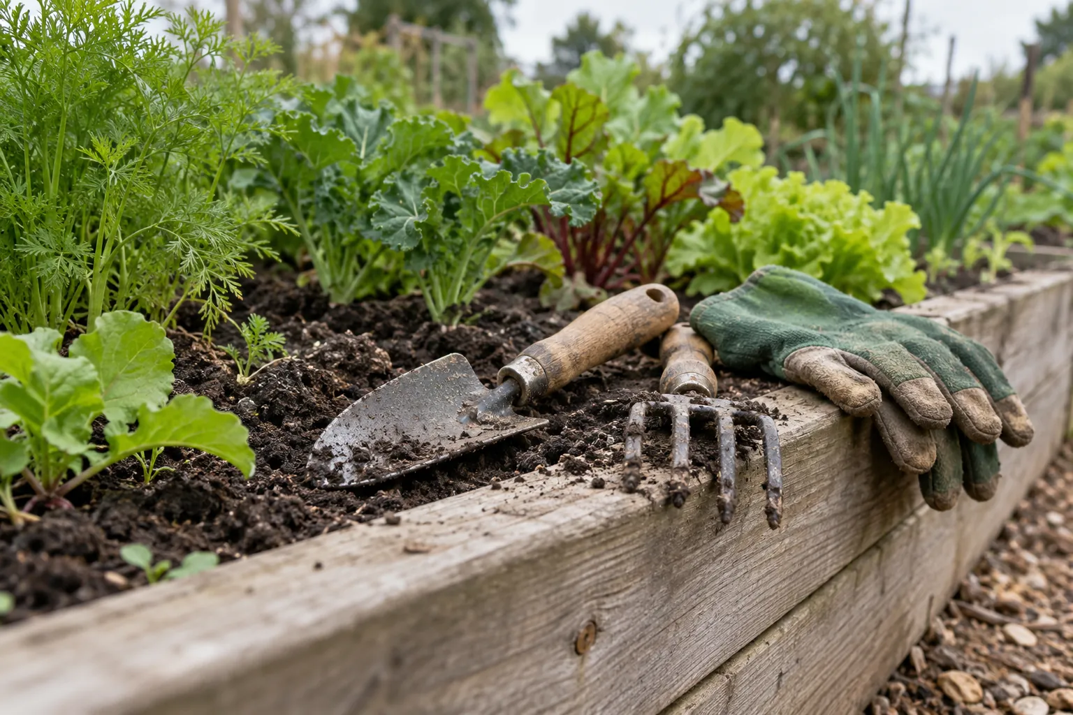 Illustration: A hand trowel, garden fork and gloves on the edge of a raised vegetable bed.
