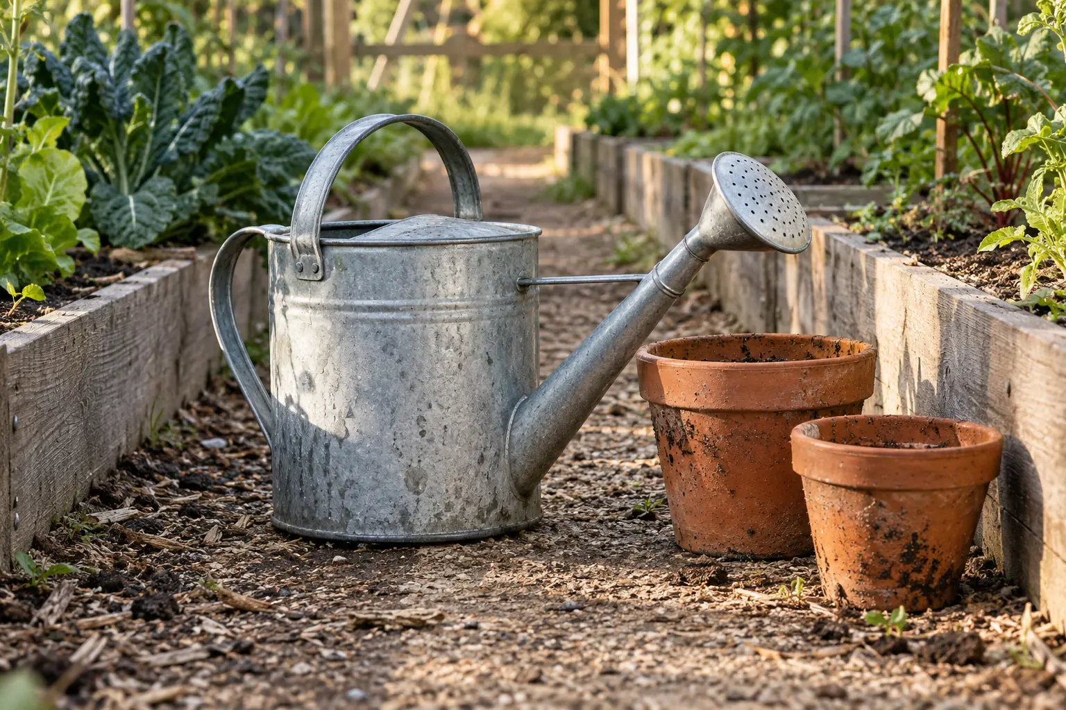 Illustration: A galvanized watering can and terracotta pots beside shared vegetable beds.
