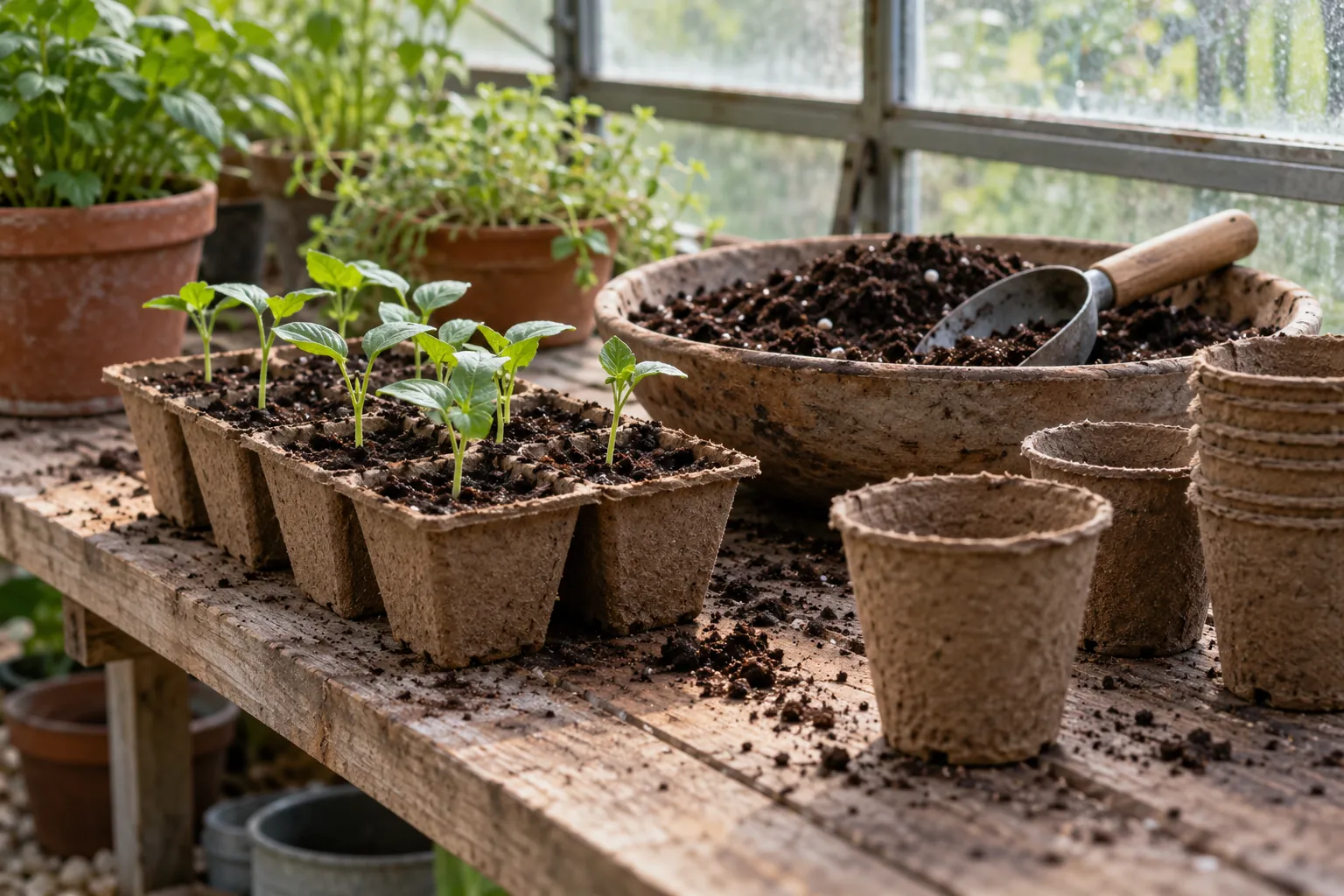 Illustration: Seed pots, young sprouts, a scoop and potting mix on a greenhouse bench.